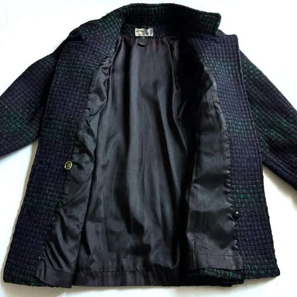Vintage Tweed Peacoat Womens 10 Purple Green Wool 90s Classic Double Breasted - Picture 13 of 15